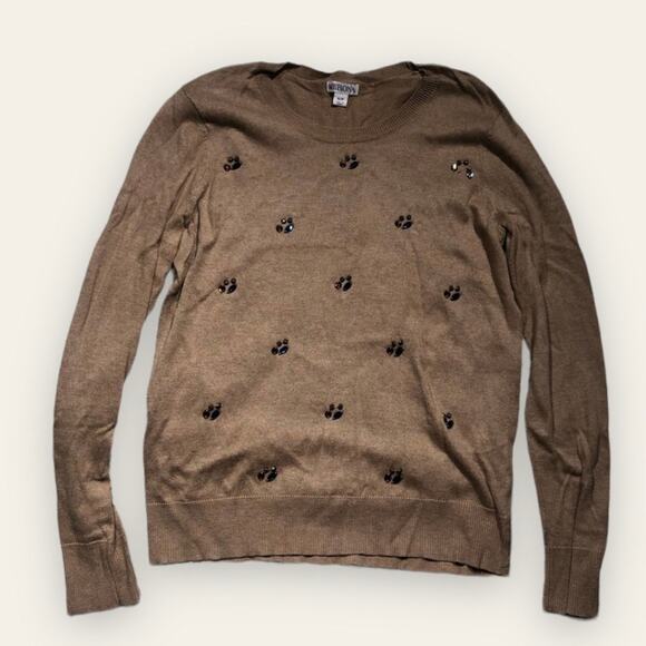 Merona Target Tan Brown Long Sleeve Knit Crew Neck Sweater Rhinestone Accent - Picture 1 of 6